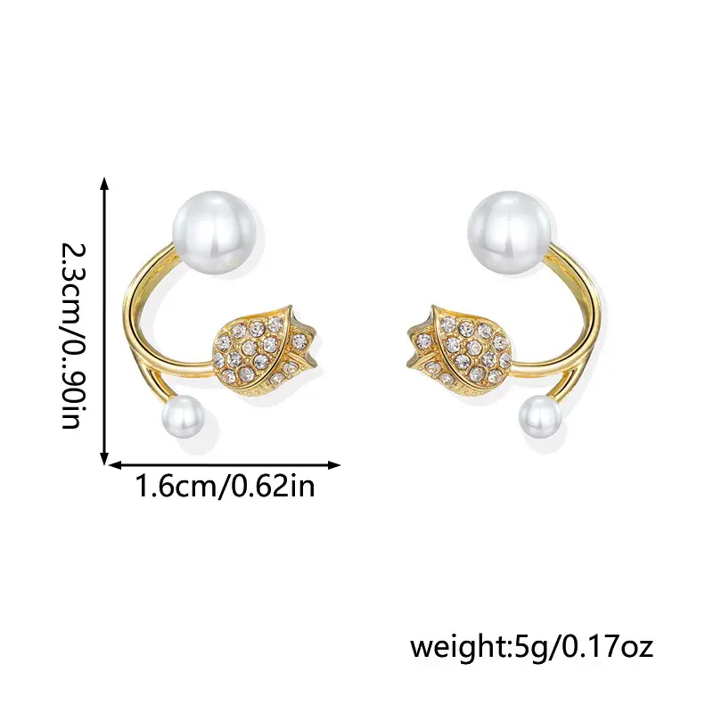 Women's Diamond Tulip Pearl Earrings Gold Plated - Image 6