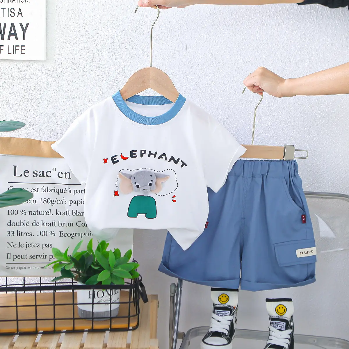 Children's Elephant T-Shirt Shorts Set Blue White 3Y - Image 4