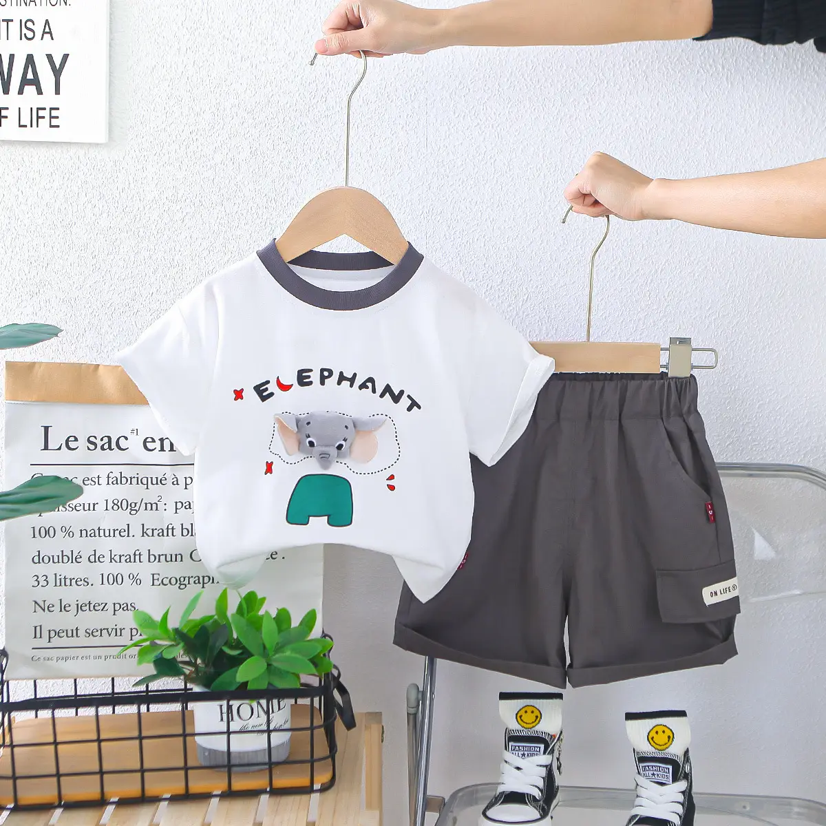 Children's Elephant T-Shirt Shorts Set Blue White 3Y - Image 5