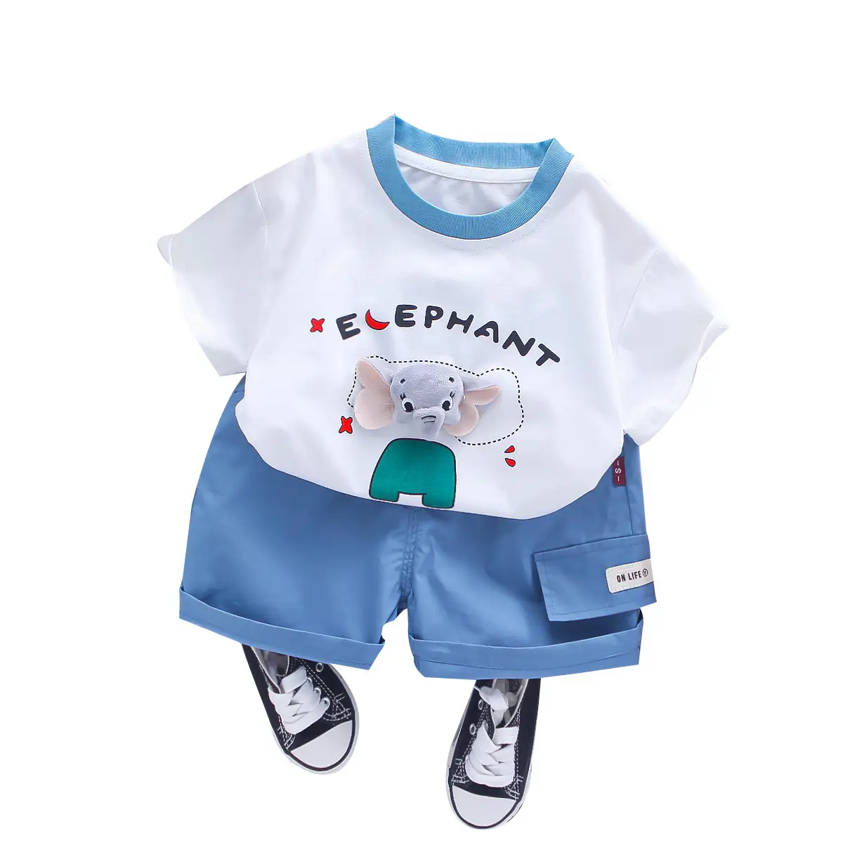 Children's Elephant T-Shirt Shorts Set Blue White 3Y - Image 7