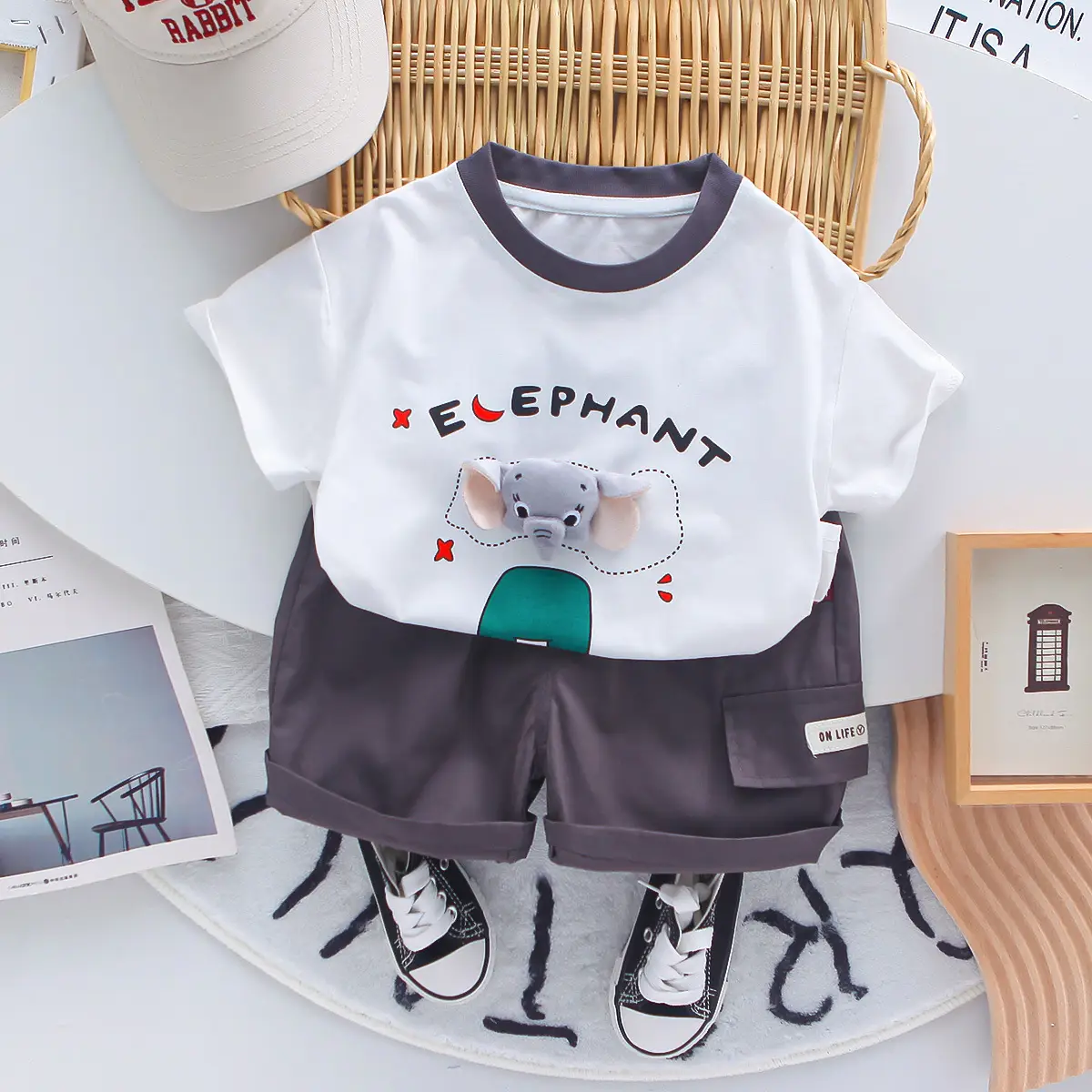 Children's Elephant T-Shirt Shorts Set Blue White 3Y - Image 2