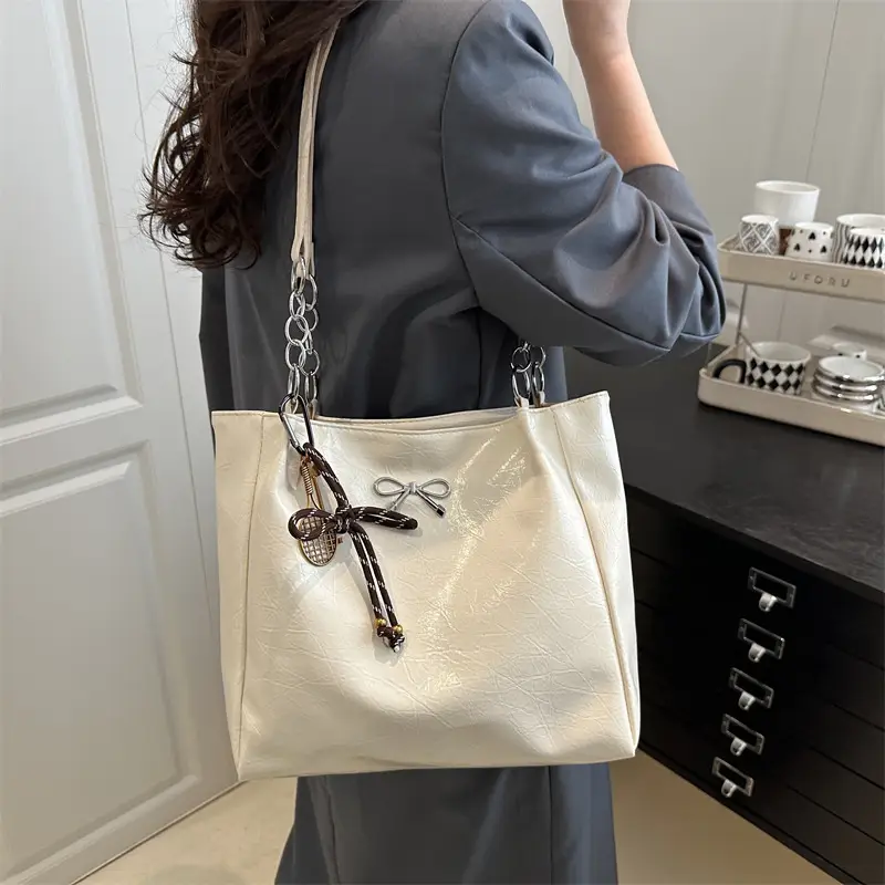 2025 Women's Brown Leather Shoulder Tote Bag with Chain Detail - Image 10