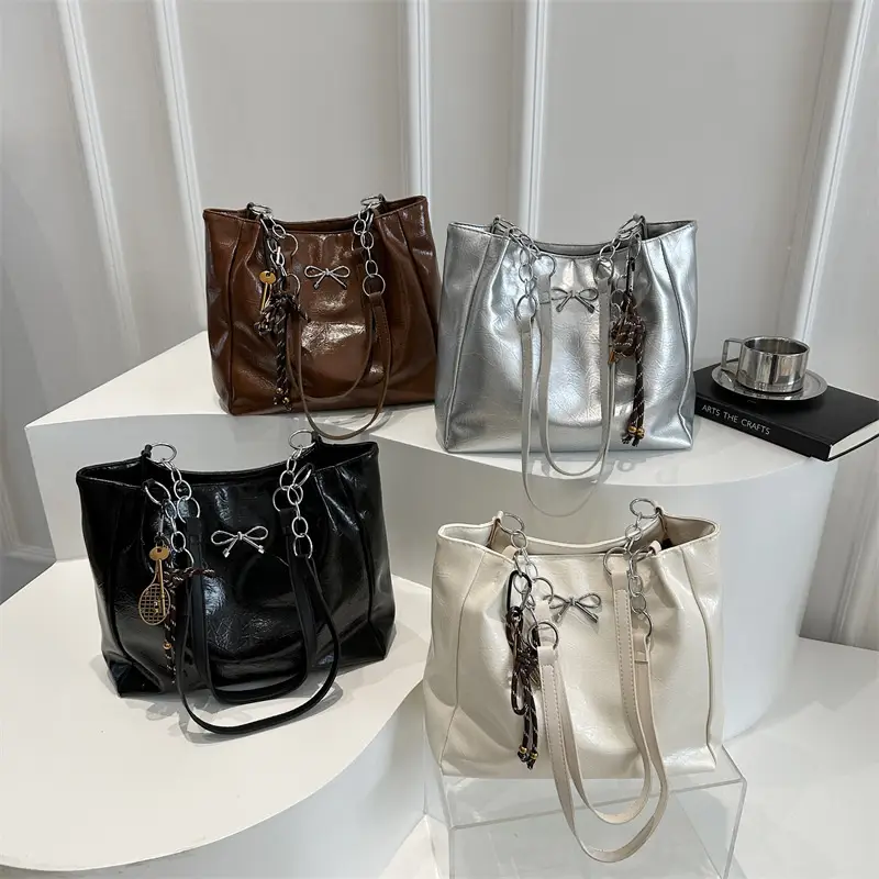 2025 Women's Brown Leather Shoulder Tote Bag with Chain Detail - Image 12