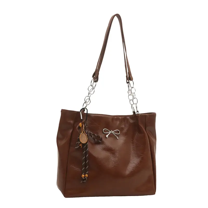 2025 Women's Brown Leather Shoulder Tote Bag with Chain Detail - Image 13