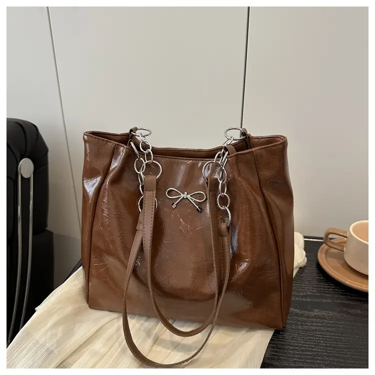 2025 Women's Brown Leather Shoulder Tote Bag with Chain Detail — feature 20