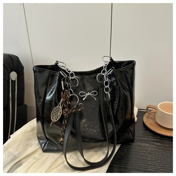 2025 Women's Brown Leather Shoulder Tote Bag with Chain Detail — feature 21