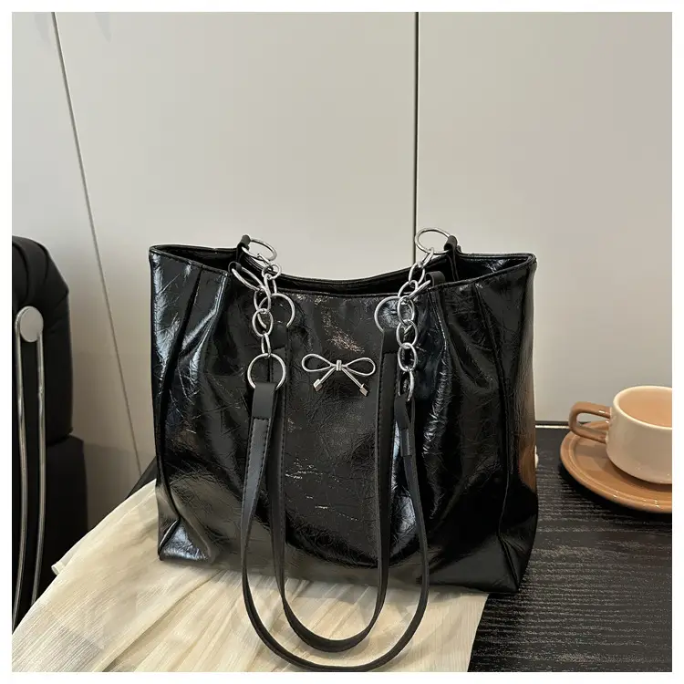 2025 Women's Brown Leather Shoulder Tote Bag with Chain Detail — feature 22