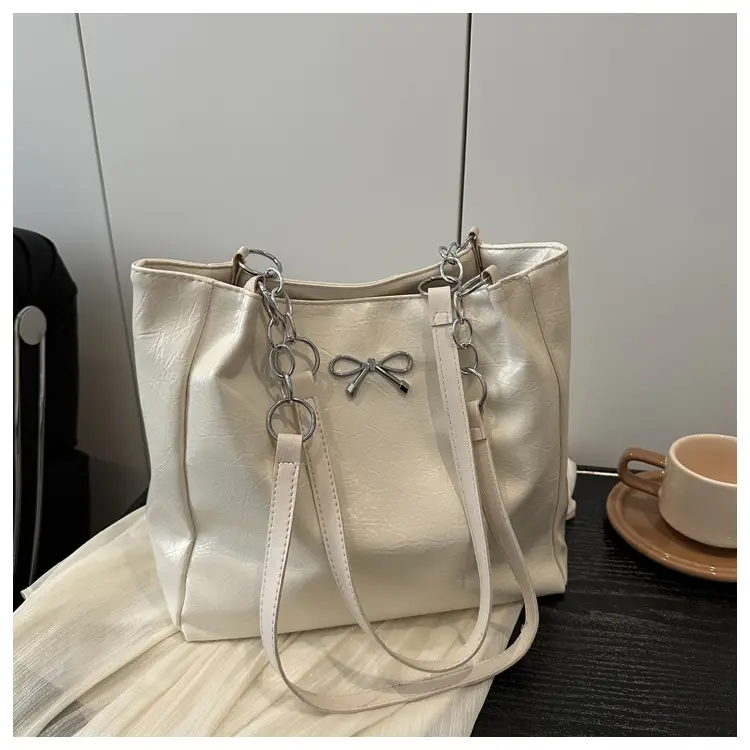 2025 Women's Brown Leather Shoulder Tote Bag with Chain Detail — feature 24