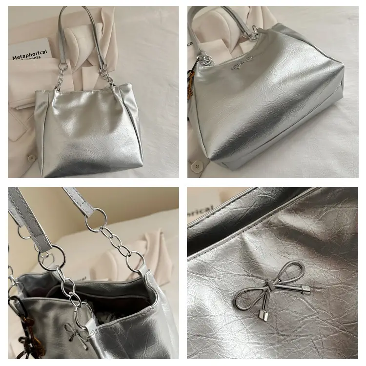 2025 Women's Brown Leather Shoulder Tote Bag with Chain Detail — feature 8