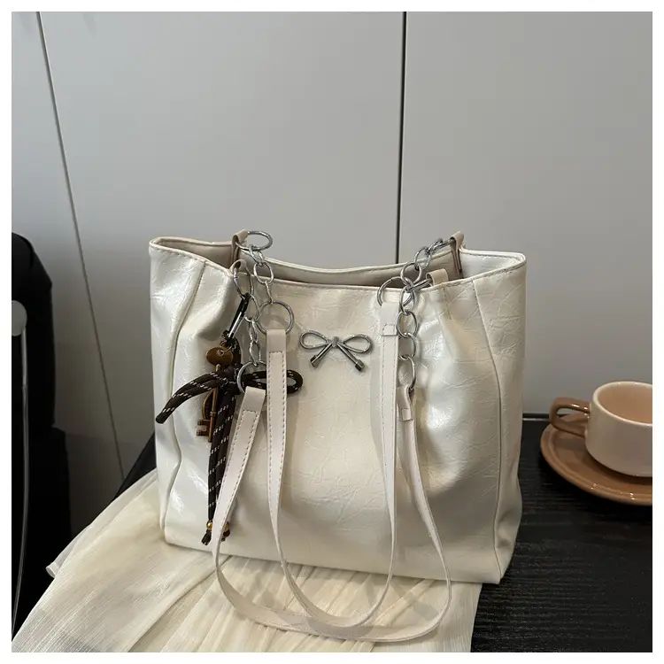 2025 Women's Brown Leather Shoulder Tote Bag with Chain Detail - Image 2