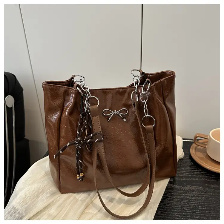 2025 Women's Brown Leather Shoulder Tote Bag with Chain Detail - Image 3