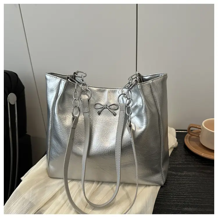 2025 Women's Brown Leather Shoulder Tote Bag with Chain Detail - Image 8