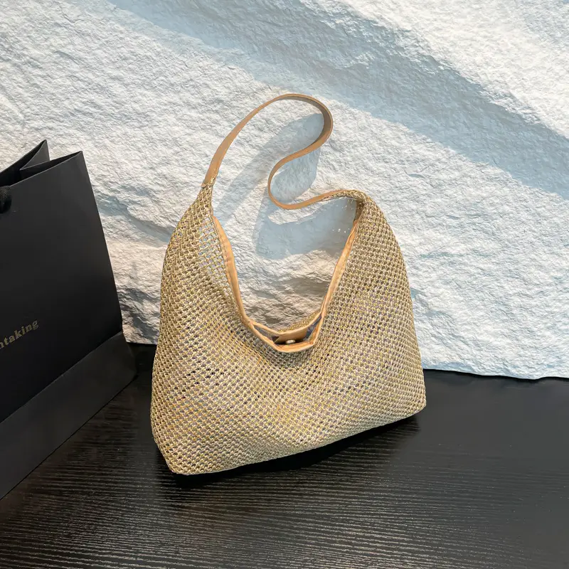 Woven Handbag Gold Handle Large Capacity Tote Bag - Image 3