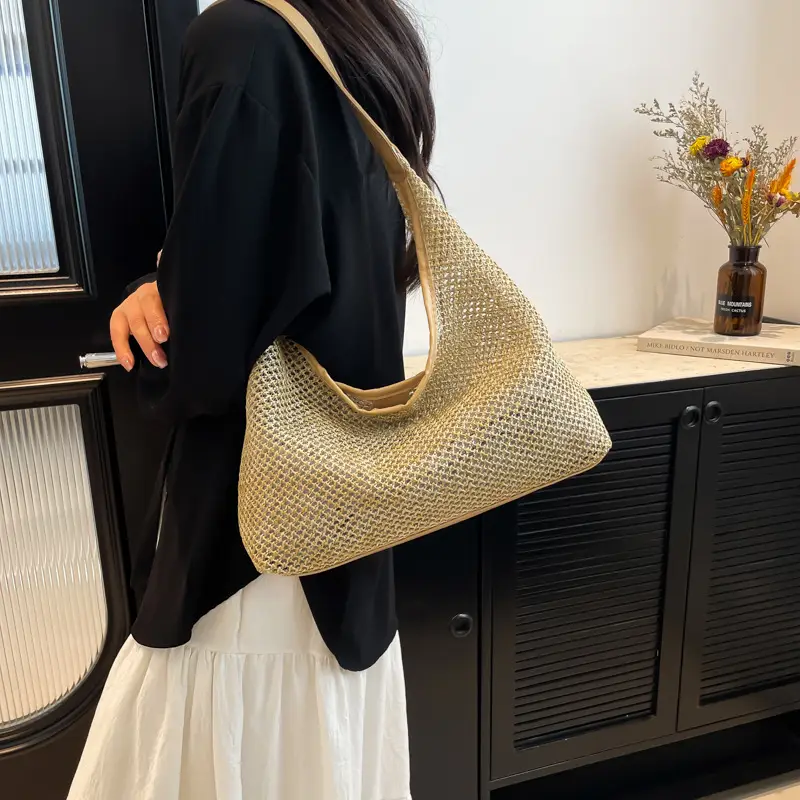 Woven Handbag Gold Handle Large Capacity Tote Bag - Image 5