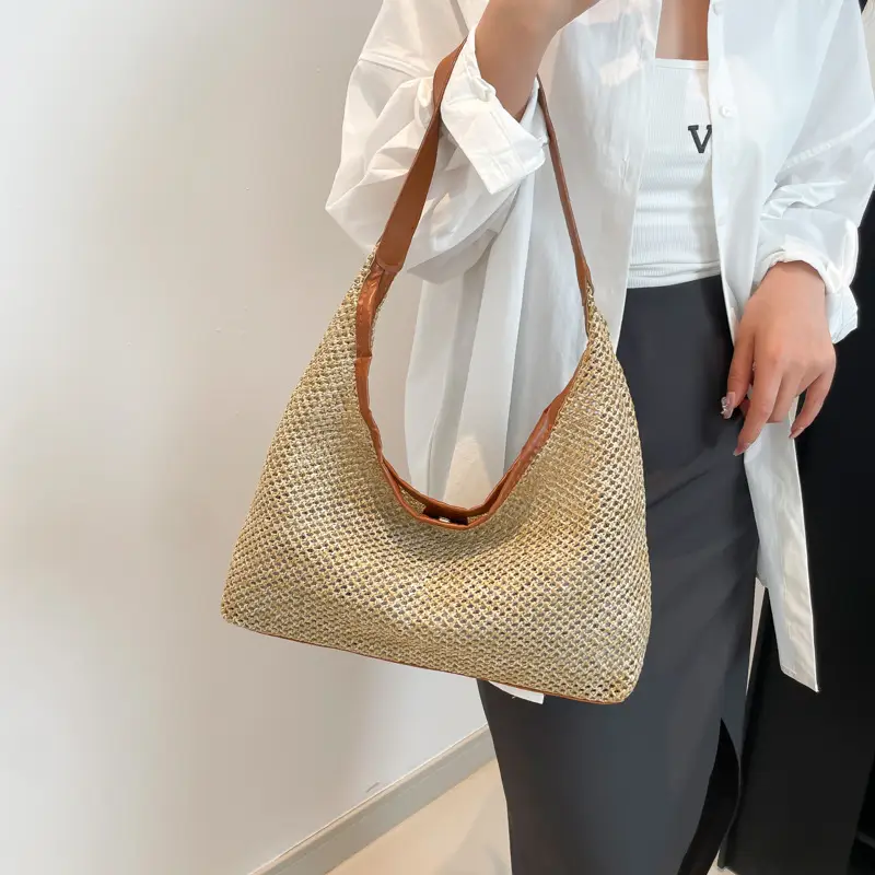 Woven Handbag Gold Handle Large Capacity Tote Bag - Image 6