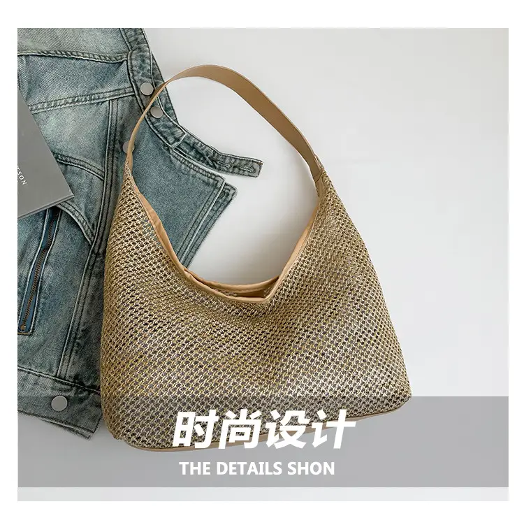 Woven Handbag Gold Handle Large Capacity Tote Bag — feature 3