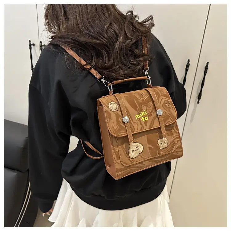 Vintage Textured Student Backpack Brown Embroidered 2025 — feature 12