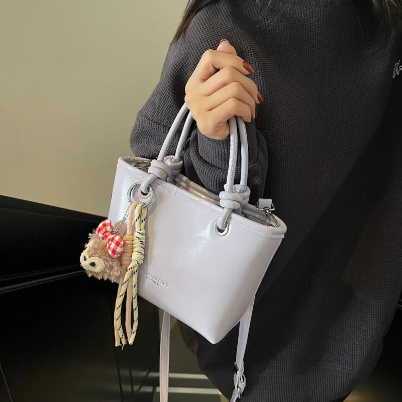 Women's Light Blue Leather Bucket Bag with Handle & Charm