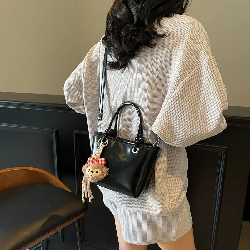 Women's Light Blue Leather Bucket Bag with Handle & Charm
