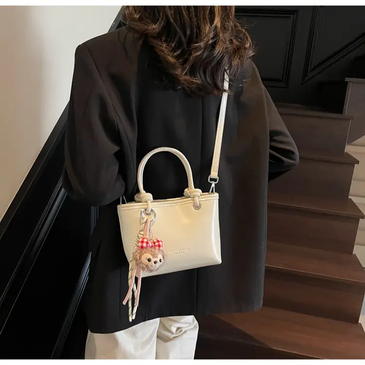 Women's Light Blue Leather Bucket Bag with Handle & Charm — feature 12