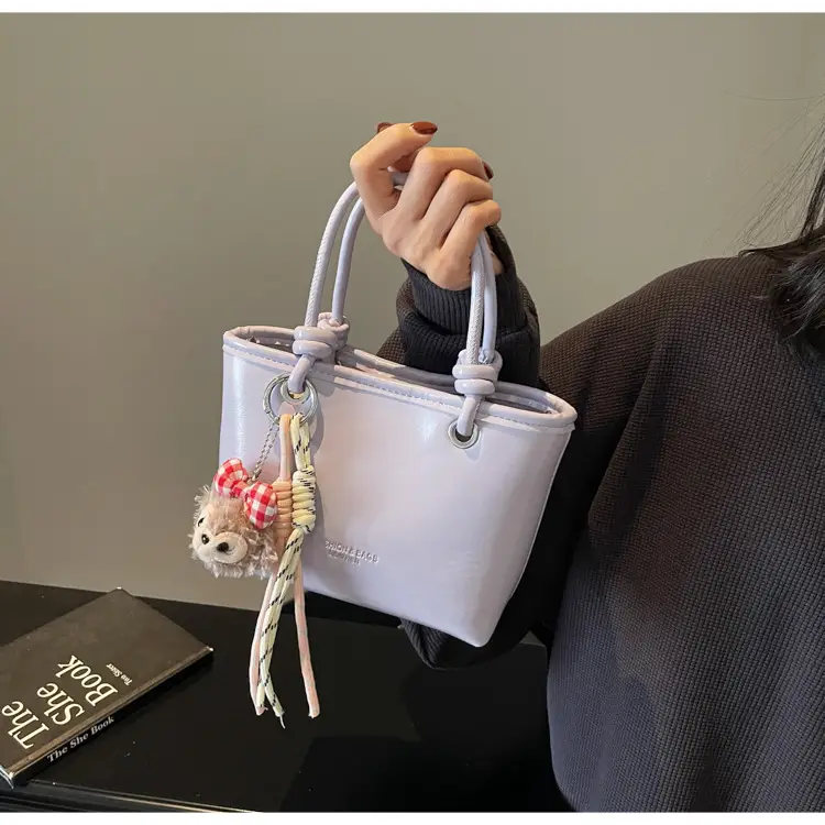 Women's Light Blue Leather Bucket Bag with Handle & Charm — feature 20