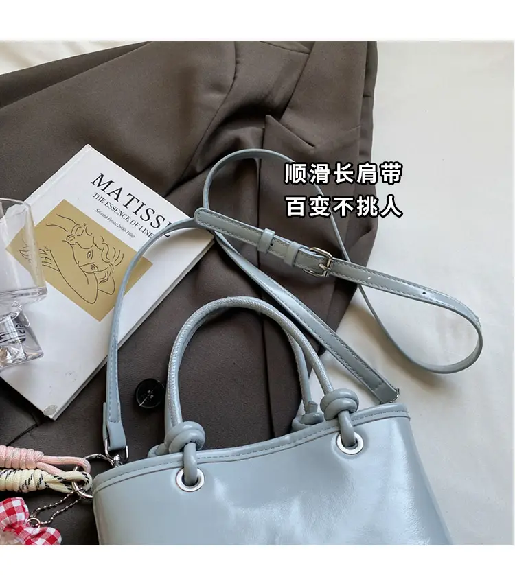 Women's Light Blue Leather Bucket Bag with Handle & Charm — feature 5