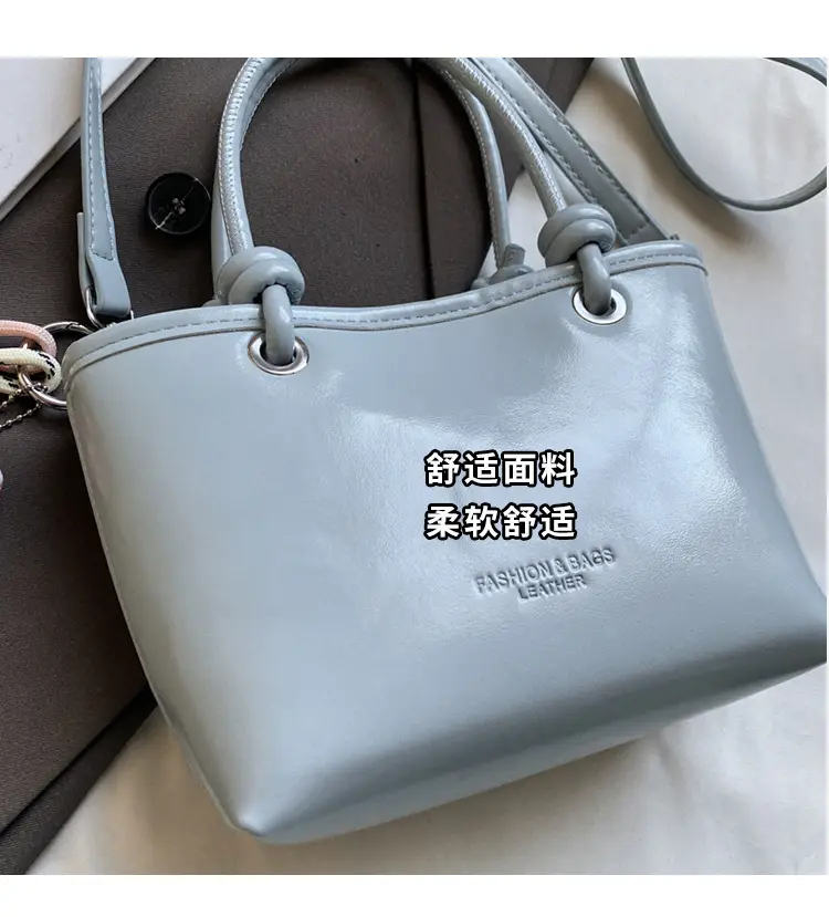 Women's Light Blue Leather Bucket Bag with Handle & Charm — feature 7