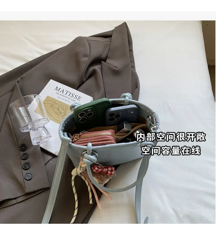Women's Light Blue Leather Bucket Bag with Handle & Charm — feature 9
