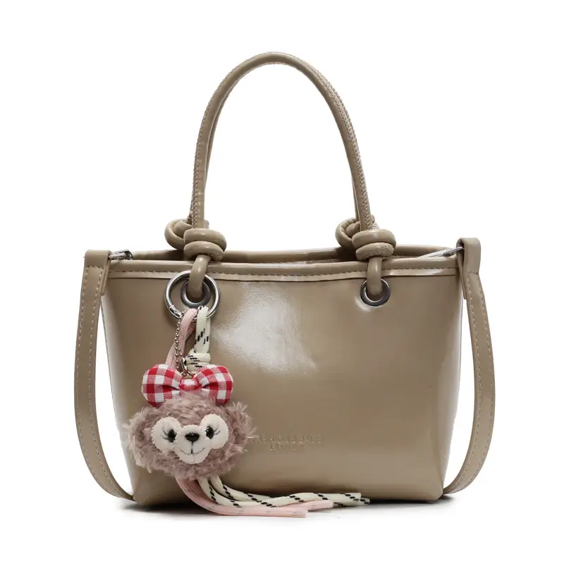 Women's Light Blue Leather Bucket Bag with Handle & Charm