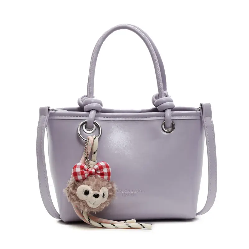 Women's Light Blue Leather Bucket Bag with Handle & Charm