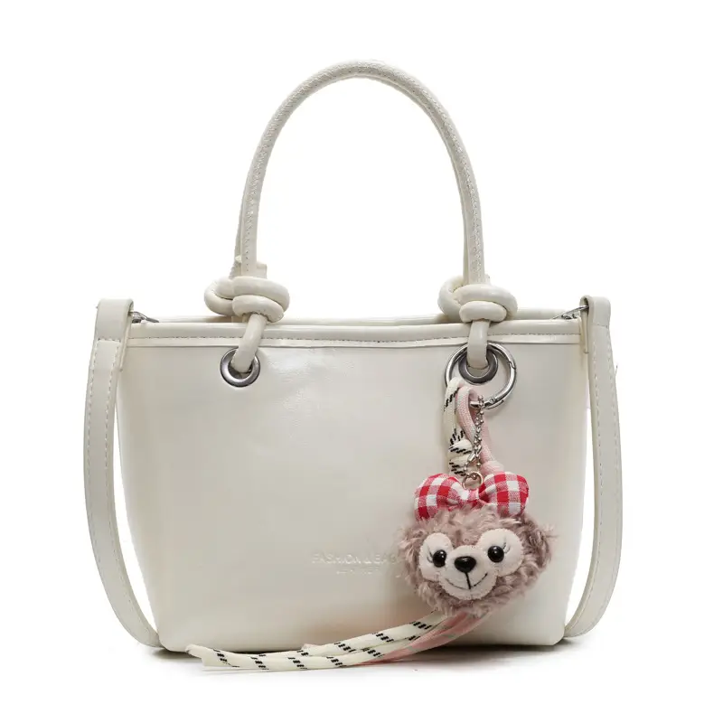 Women's Light Blue Leather Bucket Bag with Handle & Charm
