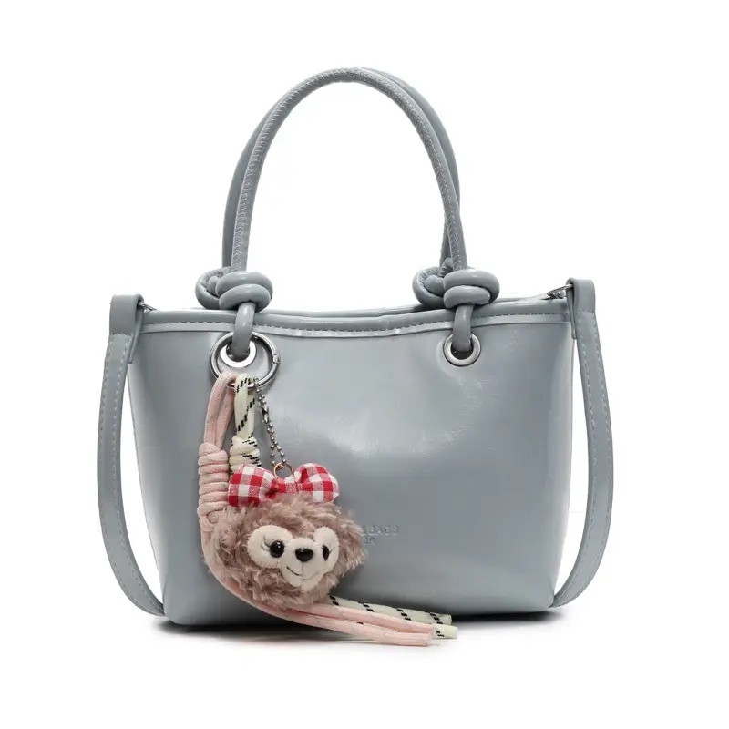 Women's Light Blue Leather Bucket Bag with Handle & Charm