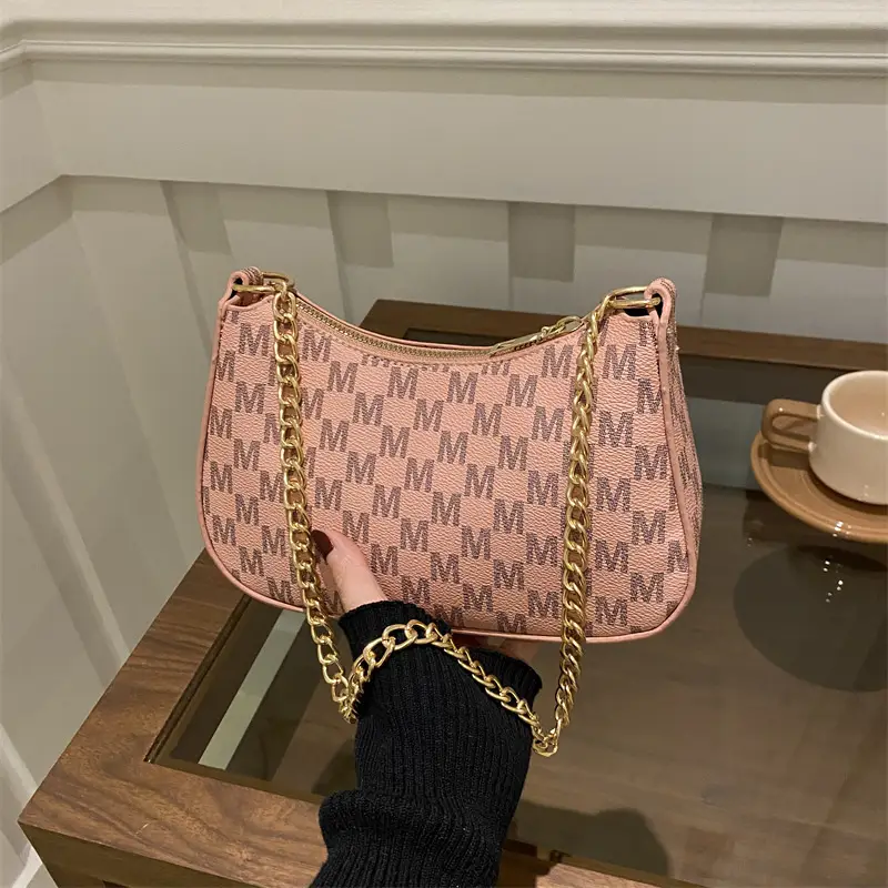 Trendy Women's Pink Monogram Shoulder Bag with Gold Chain - Image 8