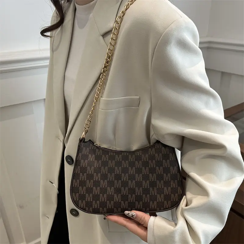 Trendy Women's Pink Monogram Shoulder Bag with Gold Chain - Image 10