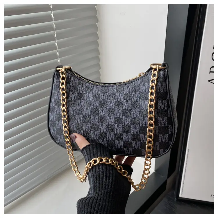 Trendy Women's Pink Monogram Shoulder Bag with Gold Chain — feature 12