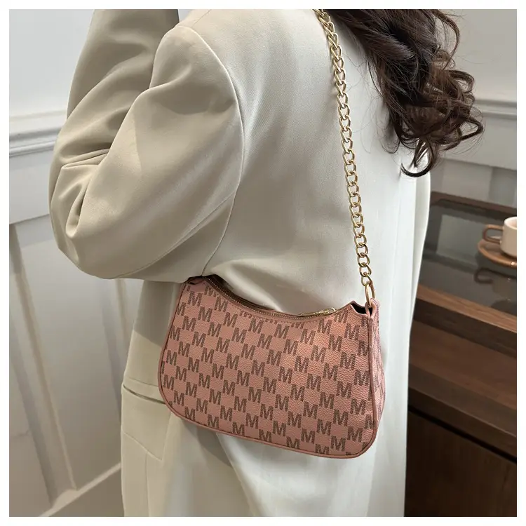 Trendy Women's Pink Monogram Shoulder Bag with Gold Chain — feature 26
