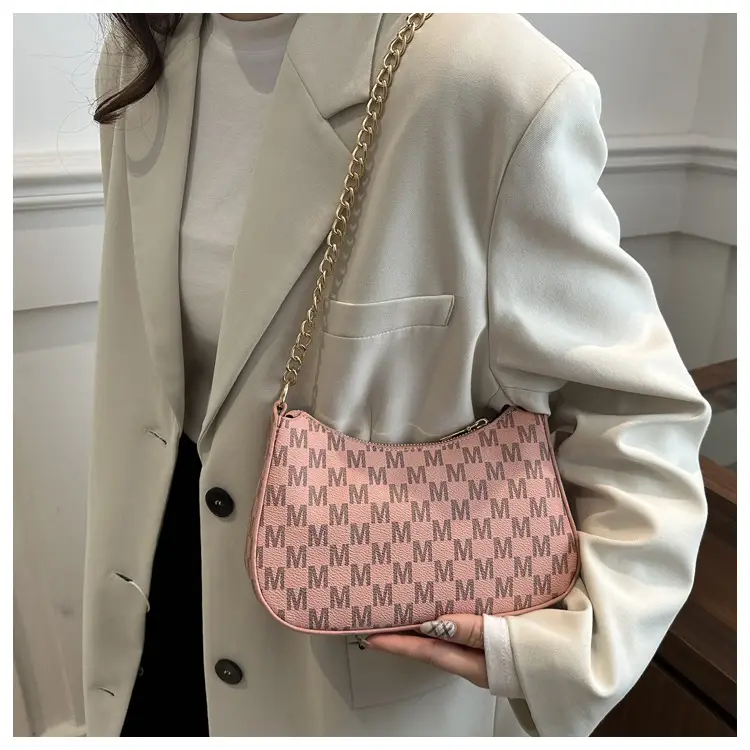 Trendy Women's Pink Monogram Shoulder Bag with Gold Chain — feature 27