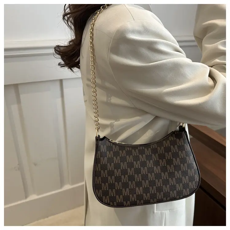 Trendy Women's Pink Monogram Shoulder Bag with Gold Chain — feature 30