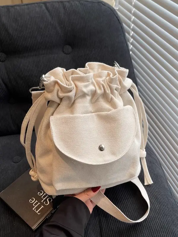 Beige Drawstring Canvas Shoulder Bag for Women - Image 6
