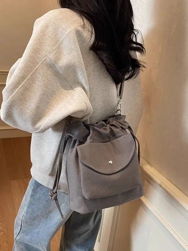 Beige Drawstring Canvas Shoulder Bag for Women - Image 7