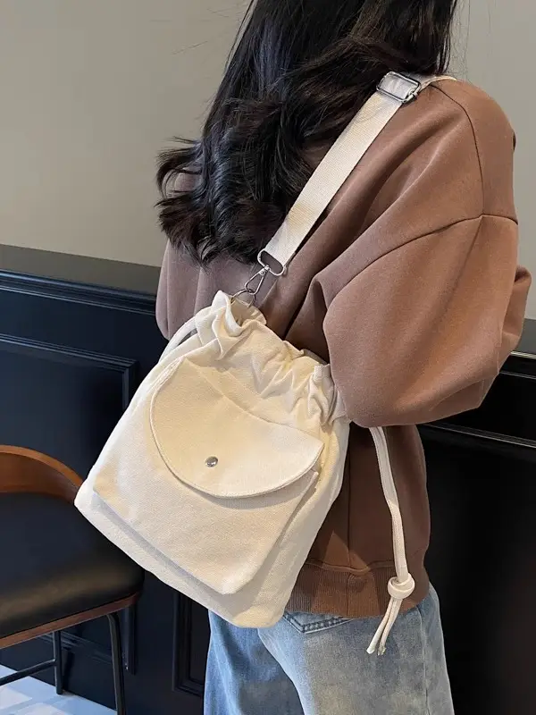 Beige Drawstring Canvas Shoulder Bag for Women - Image 8