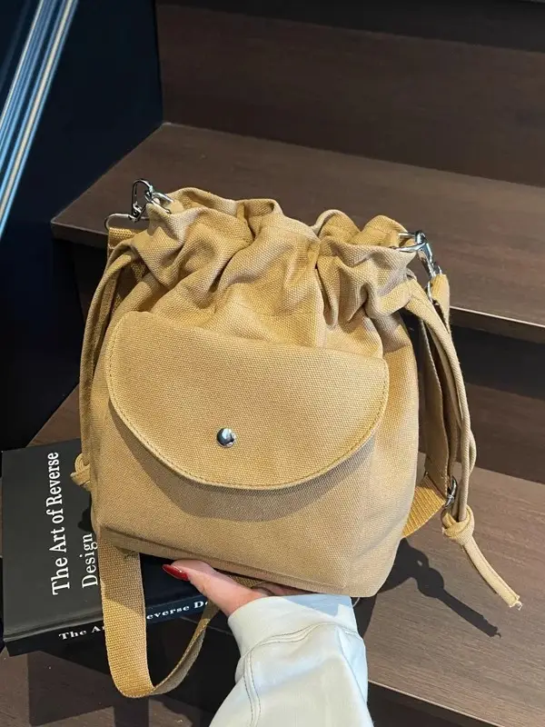 Beige Drawstring Canvas Shoulder Bag for Women - Image 9