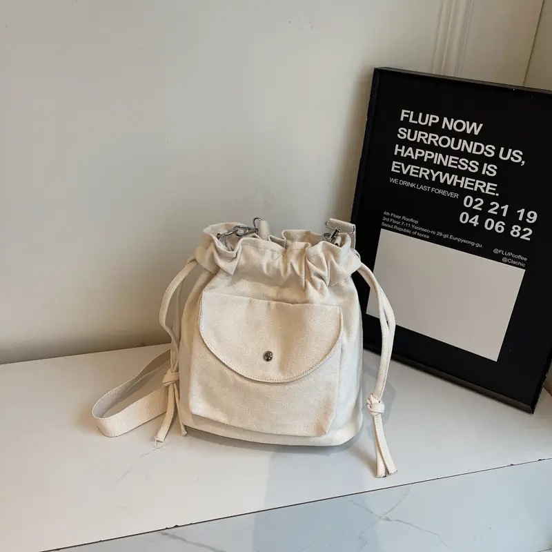 Beige Drawstring Canvas Shoulder Bag for Women - Image 2