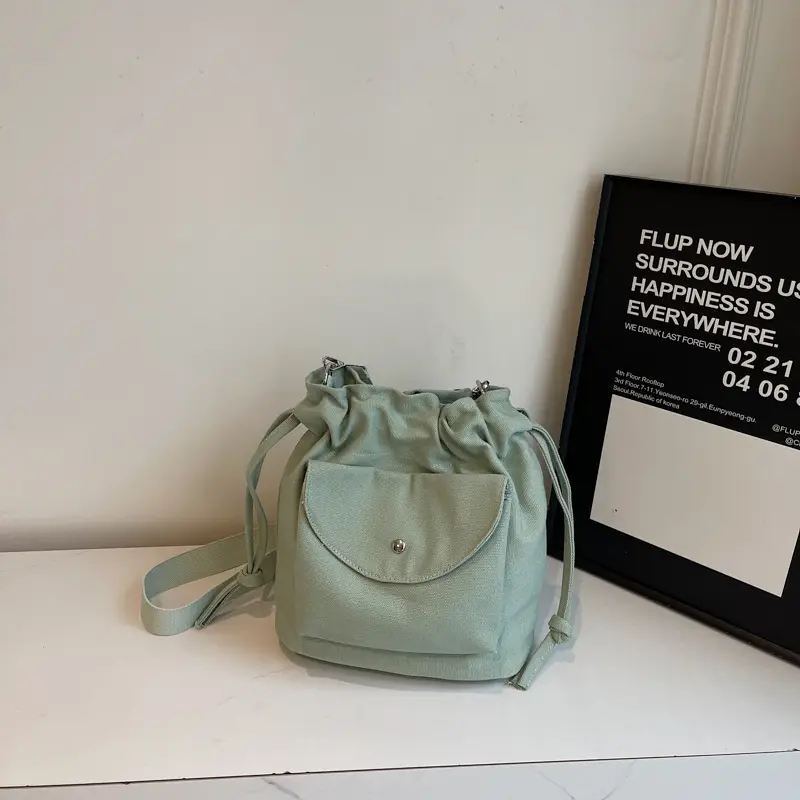 Beige Drawstring Canvas Shoulder Bag for Women - Image 3