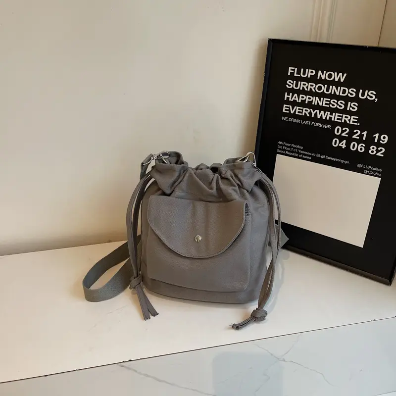 Beige Drawstring Canvas Shoulder Bag for Women - Image 4