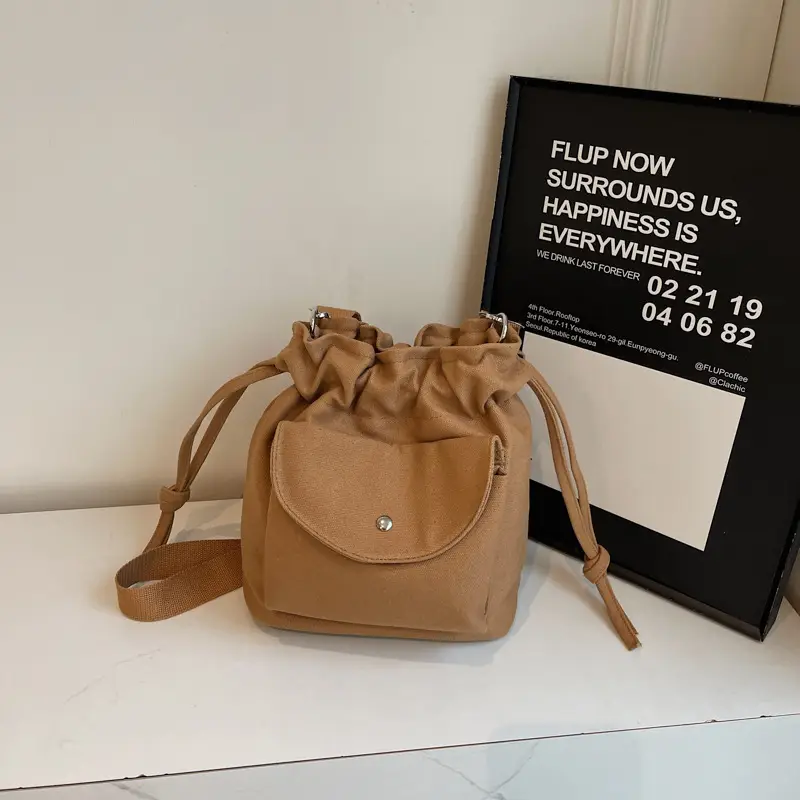 Beige Drawstring Canvas Shoulder Bag for Women - Image 5