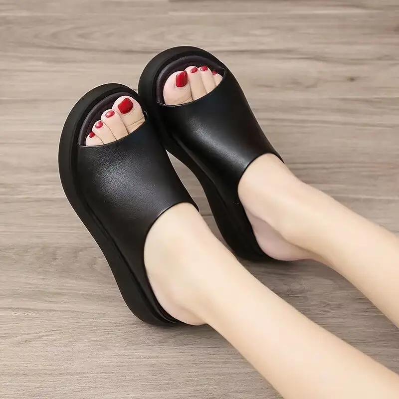 Soft Leather Vintage Wedge Slippers 2025 Spring and Summer New Ethnic Style Outgoing Wear Simple Thick Slippers for Women - Image 5