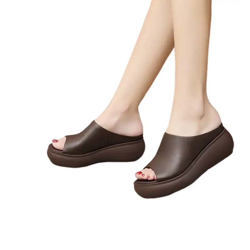 Soft Leather Vintage Wedge Slippers 2025 Spring and Summer New Ethnic Style Outgoing Wear Simple Thick Slippers for Women - Image 8