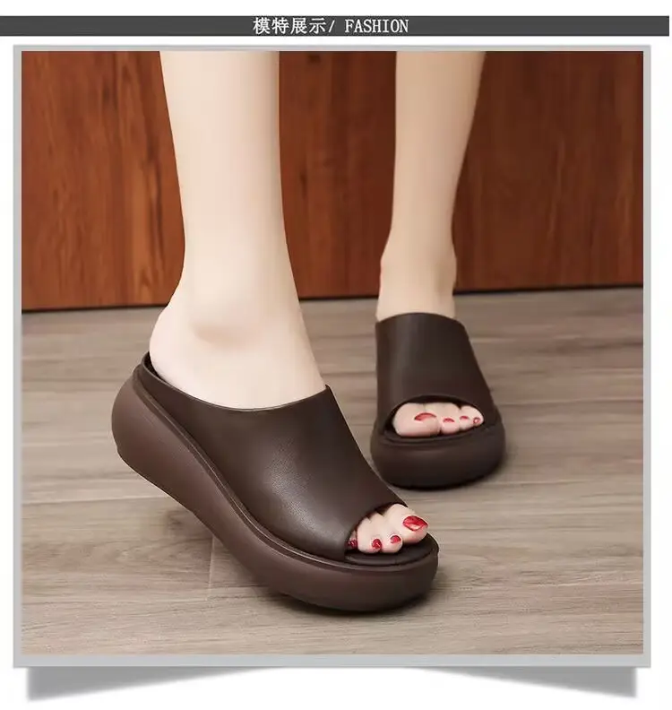 Soft Leather Vintage Wedge Slippers 2025 Spring and Summer New Ethnic Style Outgoing Wear Simple Thick Slippers for Women — feature 2