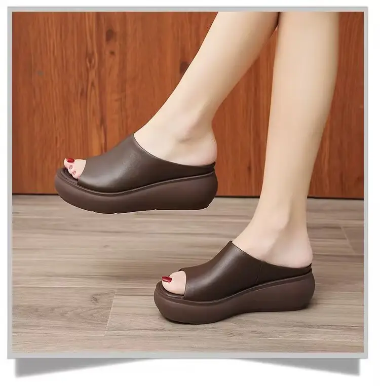 Soft Leather Vintage Wedge Slippers 2025 Spring and Summer New Ethnic Style Outgoing Wear Simple Thick Slippers for Women — feature 5
